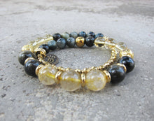 27 Bead Gold Rutilated Quartz, Black Gold Obsidian, Blue Eagle Eye, Gold Hematite Mala Bracelet