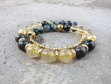 27 Bead Gold Rutilated Quartz, Black Gold Obsidian, Blue Eagle Eye, Gold Hematite Mala Bracelet