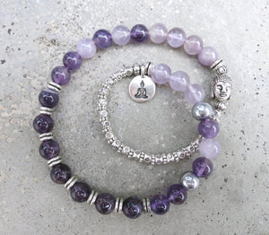 June Mala Bracelet in Moonstone, Amethyst Pink Quartz, w/ Yoga Charm - yogisnista