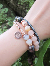 Black Gold Obsidian, Pink Lace Agate, Rose Gold Lotus Charm in 27 Bead Mala Bracelet