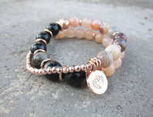 Black Gold Obsidian, Pink Lace Agate, Rose Gold Lotus Charm in 27 Bead Mala Bracelet