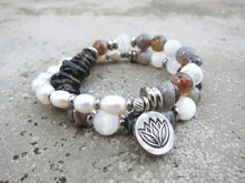 27 Bead Wrist Mala in Selenite, Botswana Agate, Smoky Quartz, Freshwater Pearls in Stainless Silver Lotus Charm