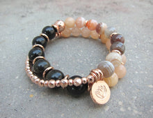 Black Gold Obsidian, Pink Lace Agate, Rose Gold Lotus Charm in 27 Bead Mala Bracelet