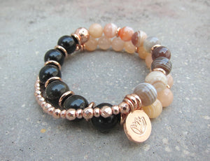 Black Gold Obsidian, Pink Lace Agate, Rose Gold Lotus Charm in 27 Bead Mala Bracelet