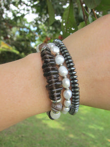 27 Bead Wrist Mala in Selenite, Botswana Agate, Smoky Quartz, Freshwater Pearls in Stainless Silver Lotus Charm