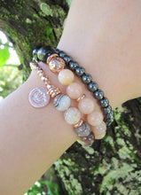 Black Gold Obsidian, Pink Lace Agate, Rose Gold Lotus Charm in 27 Bead Mala Bracelet