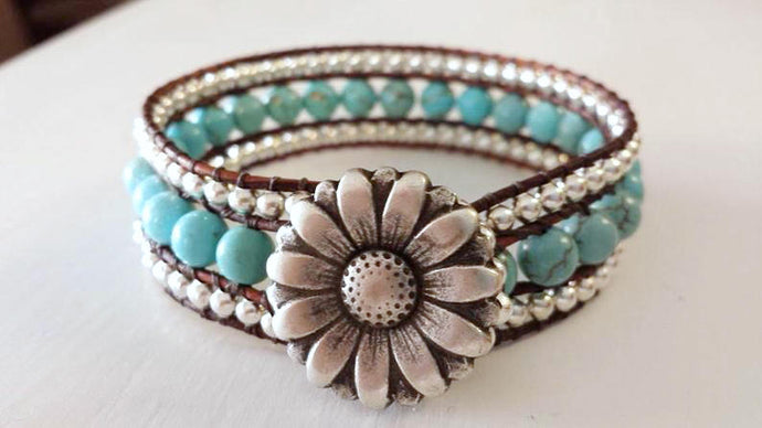 Boho Chic Southwest Turquoise Daisy Leather Cuff Bracelet