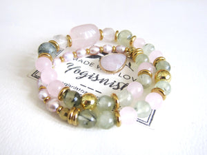 Rose Quartz, Prehnite, Freshwater Pearl - Love, Fertility, Protection Mala Bracelet