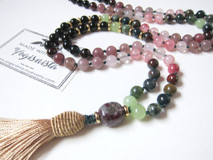 Black Tourmaline, Lepidolite, Pink Quartz, Garnet, Bloodstone in Champagne Gold Tassel