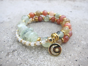 Prehnite & Sunstone Double Strand Bracelet with Moon & Star Charm