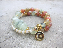 Sunstone, Prehnite Mala Bracelet in 27 Beads with Moon & Star Charm