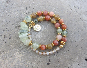 Sunstone, Prehnite Mala Bracelet in 27 Beads with Moon & Star Charm