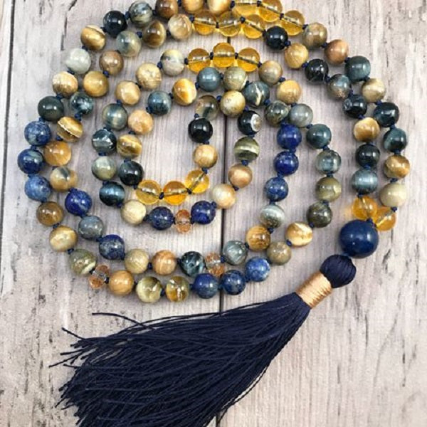 Honey Mustard, Blue Tiger Eye, Lapis Lazuli in 108 Mala Necklace