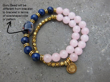27 Bead Mala Bracelet in 24K Gold Vermeil Lotus Charm, Lapis Lazuli and Rose Quartz