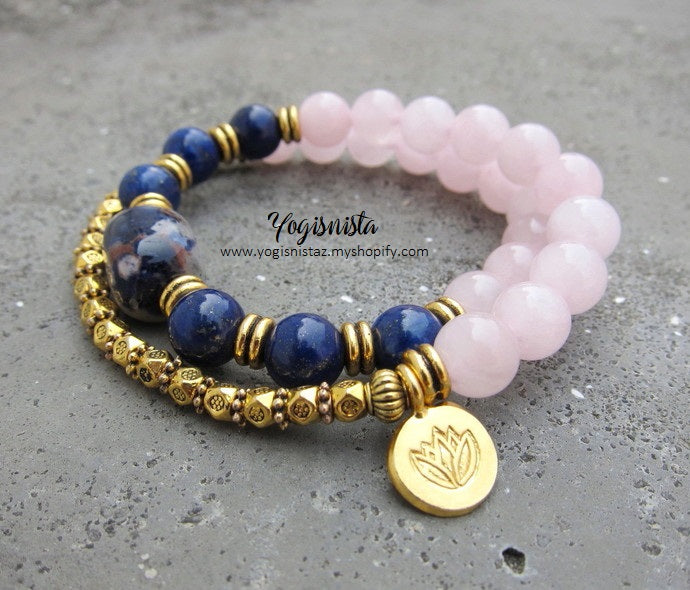 27 Bead Mala Bracelet in 24K Gold Vermeil Lotus Charm, Lapis Lazuli and Rose Quartz
