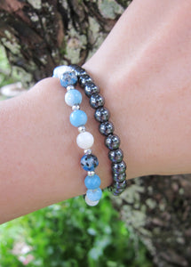 2 piece set - Larimar, Snowflake Obsidian, Hematite Bracelet - Throat and Third Eye Chakra