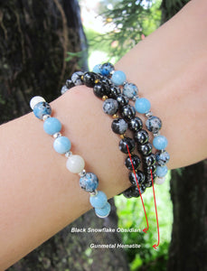 2 piece set - Larimar, Snowflake Obsidian, Hematite Bracelet - Throat and Third Eye Chakra