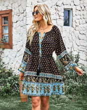 Midnight Blue Bohemian Print Buttoned Front Dress in Long Sleeve (Size S to XL)