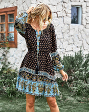 Midnight Blue Bohemian Print Buttoned Front Dress in Long Sleeve (Size S to XL)