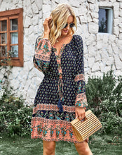 Bohemian Dark Navy Peach Floral Print Puffed Sleeve Dress (Size S to XL)