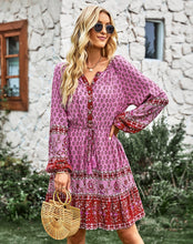 Bohemian Red Fuchsia Floral Puffed Sleeve Dress (Size S to XL)