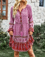 Bohemian Red Fuchsia Floral Print Buttoned Front Dress  (Size S to XL)