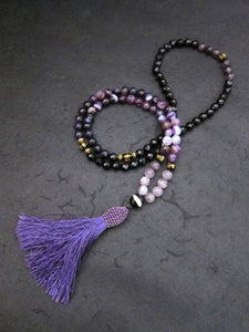 108 Mala Beaded Necklace in Black Agate, Purple Lace Agate, Amethyst, Tibetan Script (Guru Bead) w/ matching Long Purple Tassel, Root Chakra Mala Necklace - yogisnista