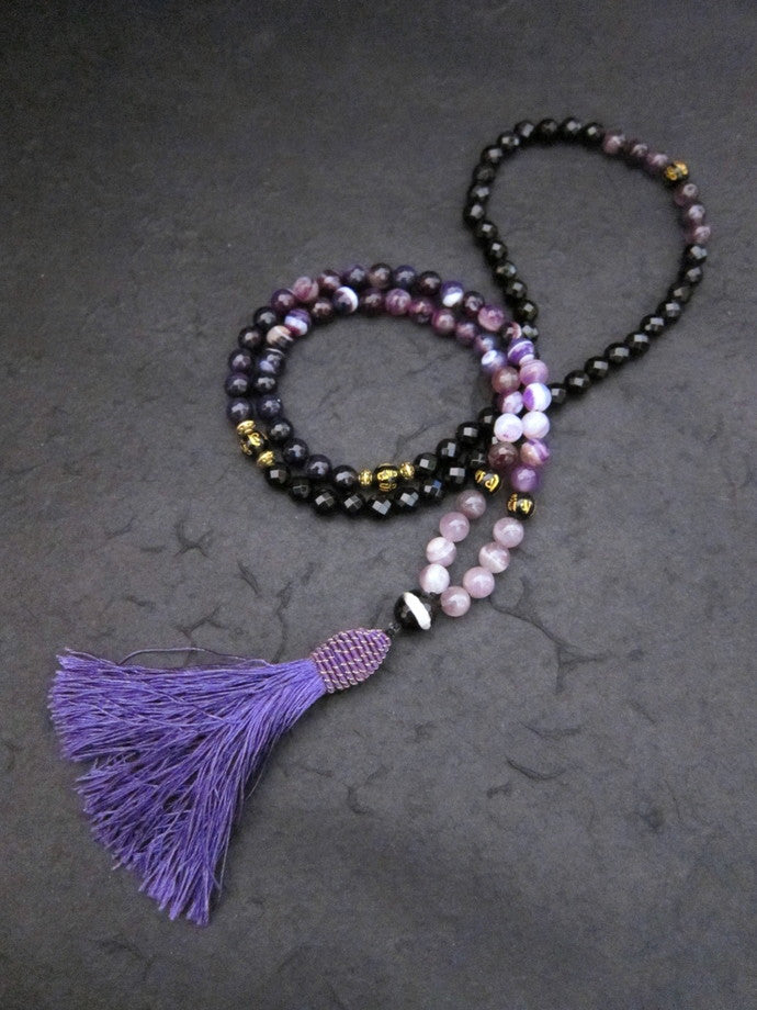 108 Mala Beaded Necklace in Black Agate, Purple Lace Agate, Amethyst, Tibetan Script (Guru Bead) w/ matching Long Purple Tassel, Root Chakra Mala Necklace - yogisnista