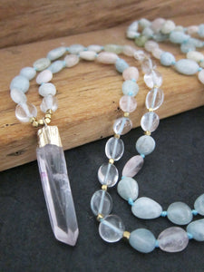 SALE - Morganite in Clear Pendant Quartz Necklace