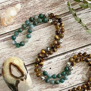 108 Bead Mala in Tiger Eye, Moss Agate Mala Necklace - Capricorn Birthstone