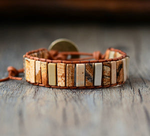 Tiger Eye, Jasper Tubestone Leather Wrap Bracelet (men's size available)