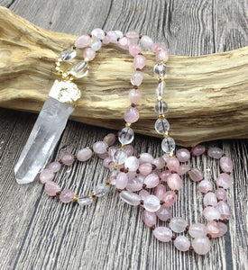 rose quartz beaded necklace with clear quartz point pendant necklace by Yogisnista (www.yogisnistaz.myshopify.com)