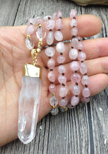 rose quartz beaded necklace with clear quartz point pendant necklace by yogisnista