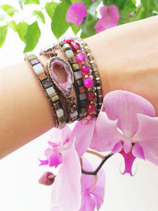 SALE - Natural Pink Druzy Crystal Stone Beaded Wrap Bracelet