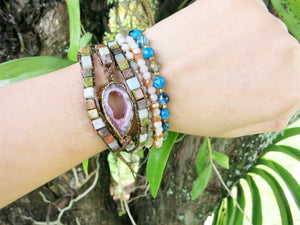 SALE - Natural Pink Druzy Crystal Stone Beaded Wrap Bracelet