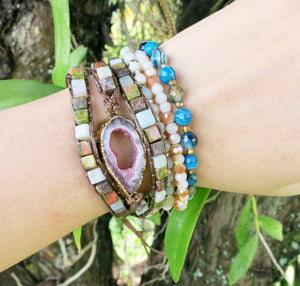 Pink Druzy Stone Beaded Wrap Bracelet - yogisnista