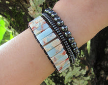 Natural Agalmatolite Jasper Cuff Leather Bracelet