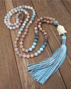 108 Buddha Mala Beaded Necklace in Sunstone, Moonstone, Amazonite and Aventurine