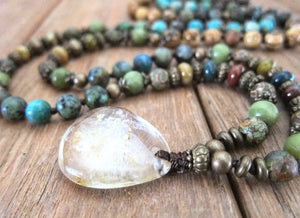Rustic Bohemian Natural Quartz Pendant Beaded Necklace