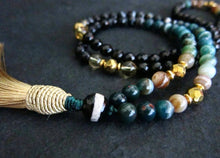 108 Mala Tassel Necklace in Agate, Green Bloodstone, Citrine w/ Champagne Gold Tassel