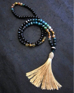 108 Mala Tassel Necklace in Agate, Green Bloodstone, Citrine w/ Champagne Gold Tassel