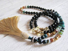 108 Mala Tassel Necklace in Agate, Green Bloodstone, Citrine w/ Champagne Gold Tassel