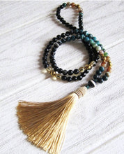 108 Mala Tassel Necklace in Agate, Green Bloodstone, Citrine w/ Champagne Gold Tassel