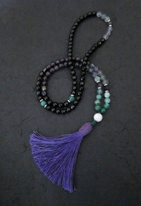 SALE - 108 Beaded Tassel Necklace in Fluorite, Amethyst ~Heart, Throat and Third Eye Chakra Mala