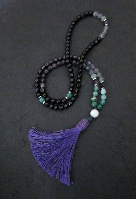 SALE - 108 Beaded Tassel Necklace in Fluorite, Amethyst ~Heart, Throat and Third Eye Chakra Mala