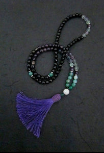 SALE - 108 Beaded Tassel Necklace in Fluorite, Amethyst ~Heart, Throat and Third Eye Chakra Mala