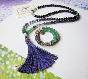 SALE - 108 Beaded Tassel Necklace in Fluorite, Amethyst ~Heart, Throat and Third Eye Chakra Mala