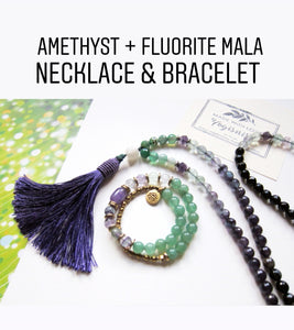 SALE - 2 pc set -108 Mala Necklace in Fluorite, Amethyst + 27 Bead Mala Bracelet