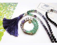 SALE - 108 Beaded Tassel Necklace in Fluorite, Amethyst ~Heart, Throat and Third Eye Chakra Mala