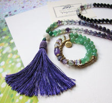 SALE - 2 pc set -108 Mala Necklace in Fluorite, Amethyst + 27 Bead Mala Bracelet